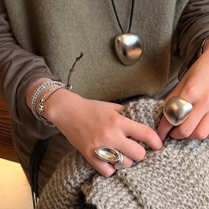 Gold Color Metal Rings Irregular Geometric Wide Noodle Finger Fing for Women Jewelry Retro Light Luxury  New Gift Accessorie