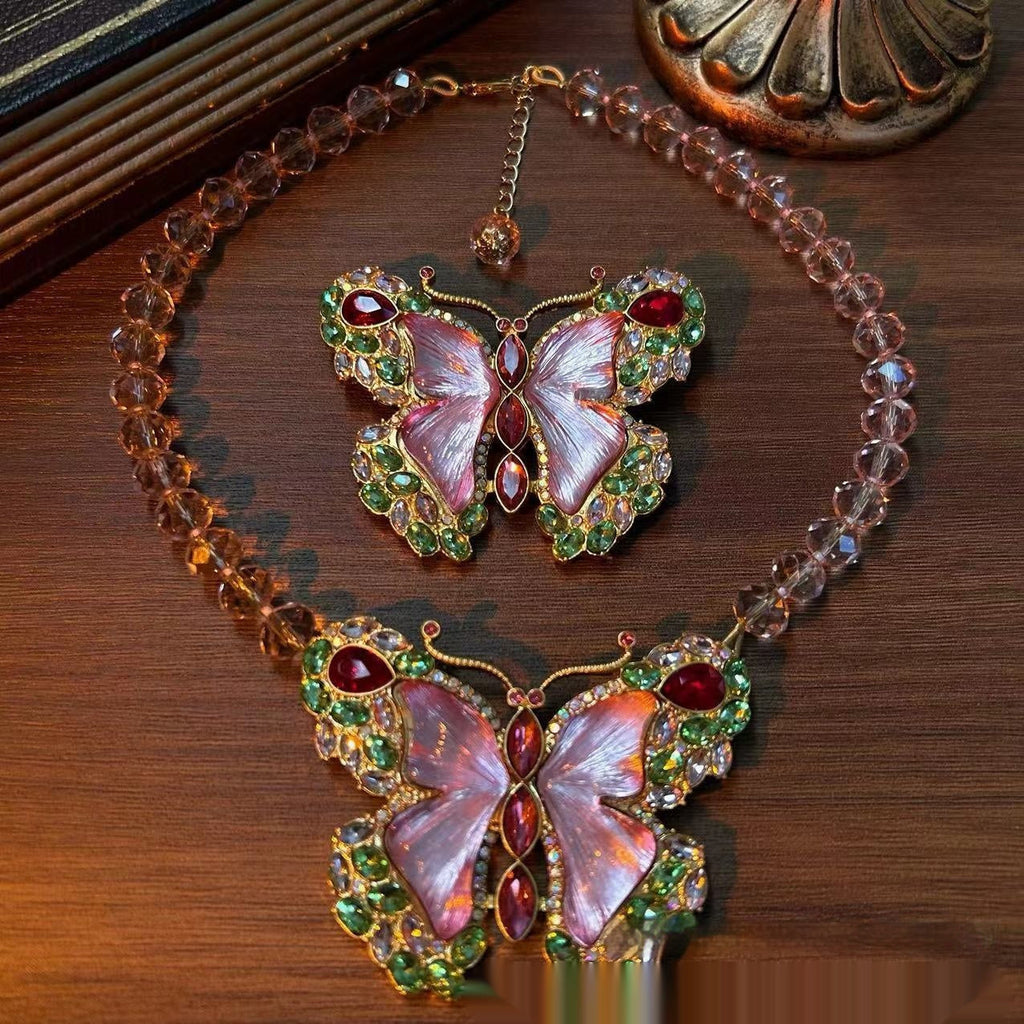 Butterfly Rhinestone Jewelry — Brooch, Necklace & Earrings