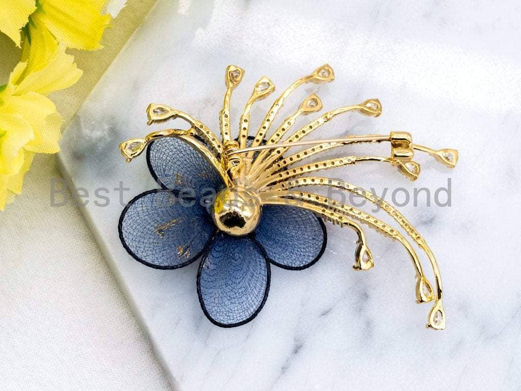 Blue Silk Crystal Flower Brooch