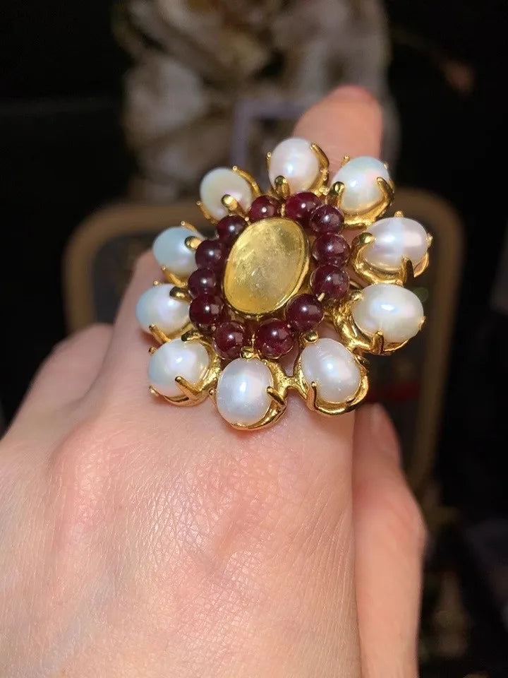 Vintage Natural Baroque Pearl Open Rings Crystal Stone Brass Metal Ring for Women Jewelry Luxury High Quality New Gifts France