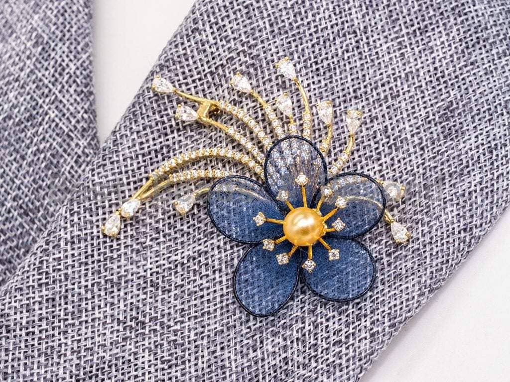Blue Silk Crystal Flower Brooch