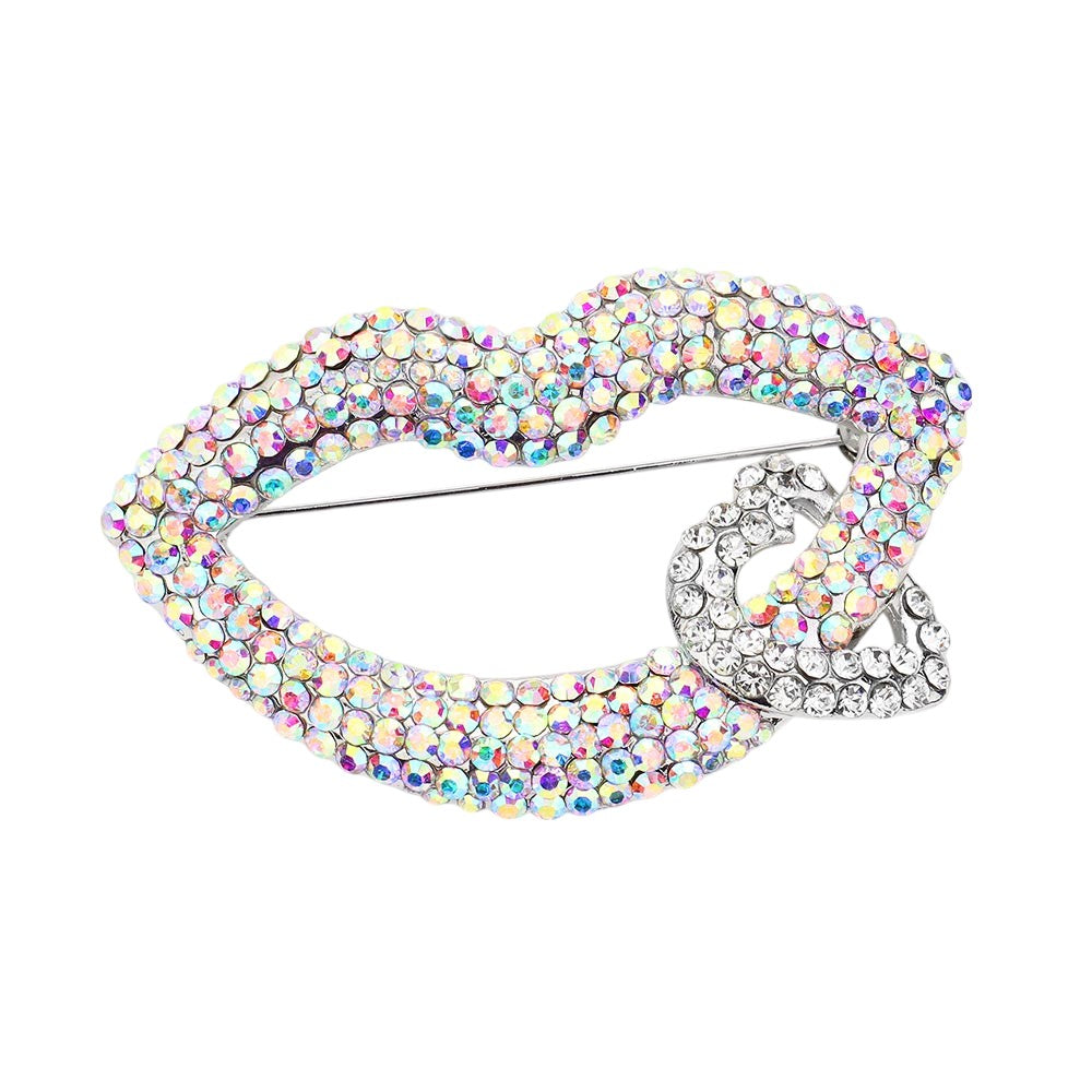 Lips & Heart Rhinestone Brooch