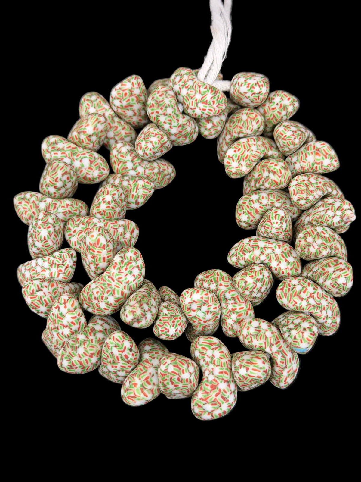 XL Canoe-Shaped Krobo Powdered Glass Beads – White, Green & Coral Patterned African Recycled Glass Beads | Handmade Ghana Glass Beads | Statement Jewelry Beads Strand