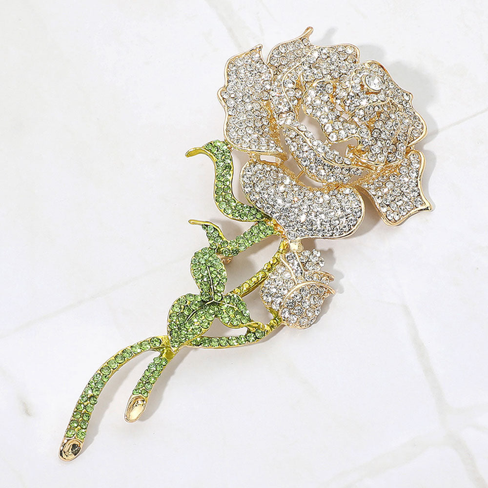 Long-Stem Rose Crystal Brooch — Clear, Gold color option
