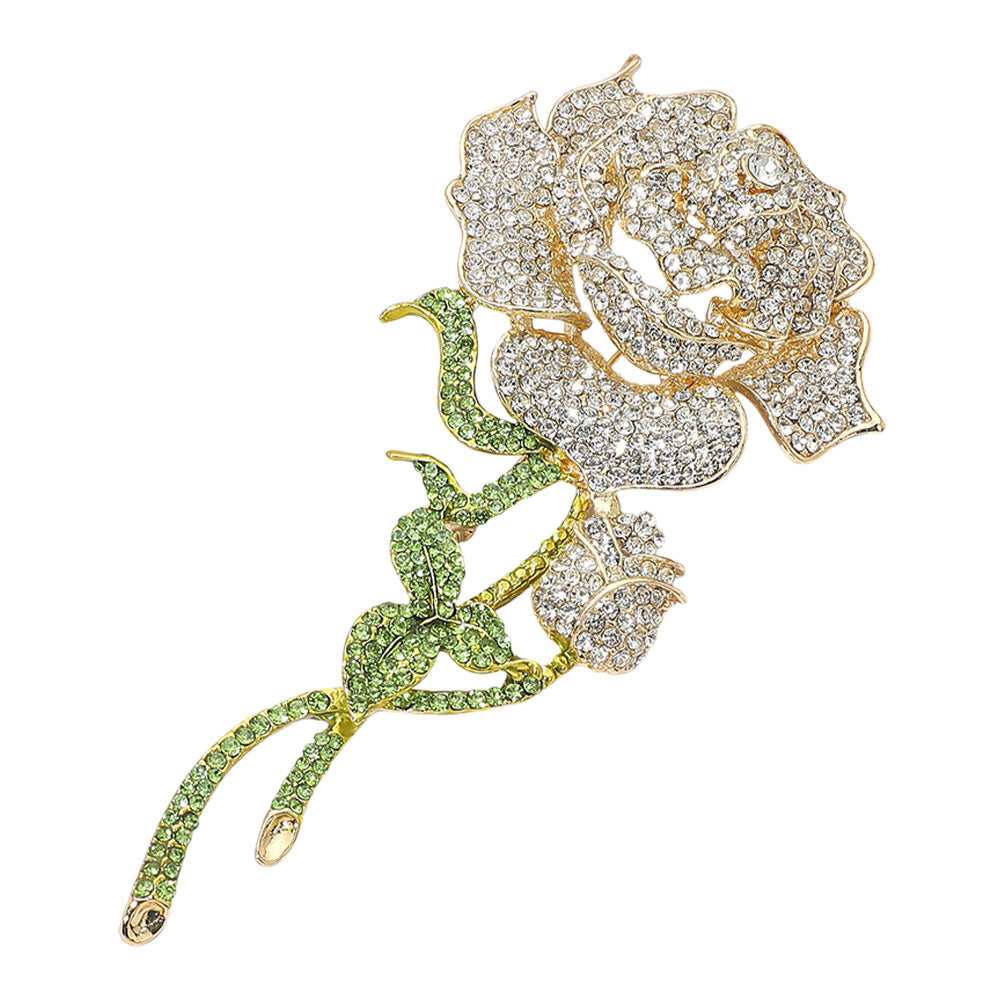 Long-Stem Rose Crystal Brooch — Clear, Gold color option