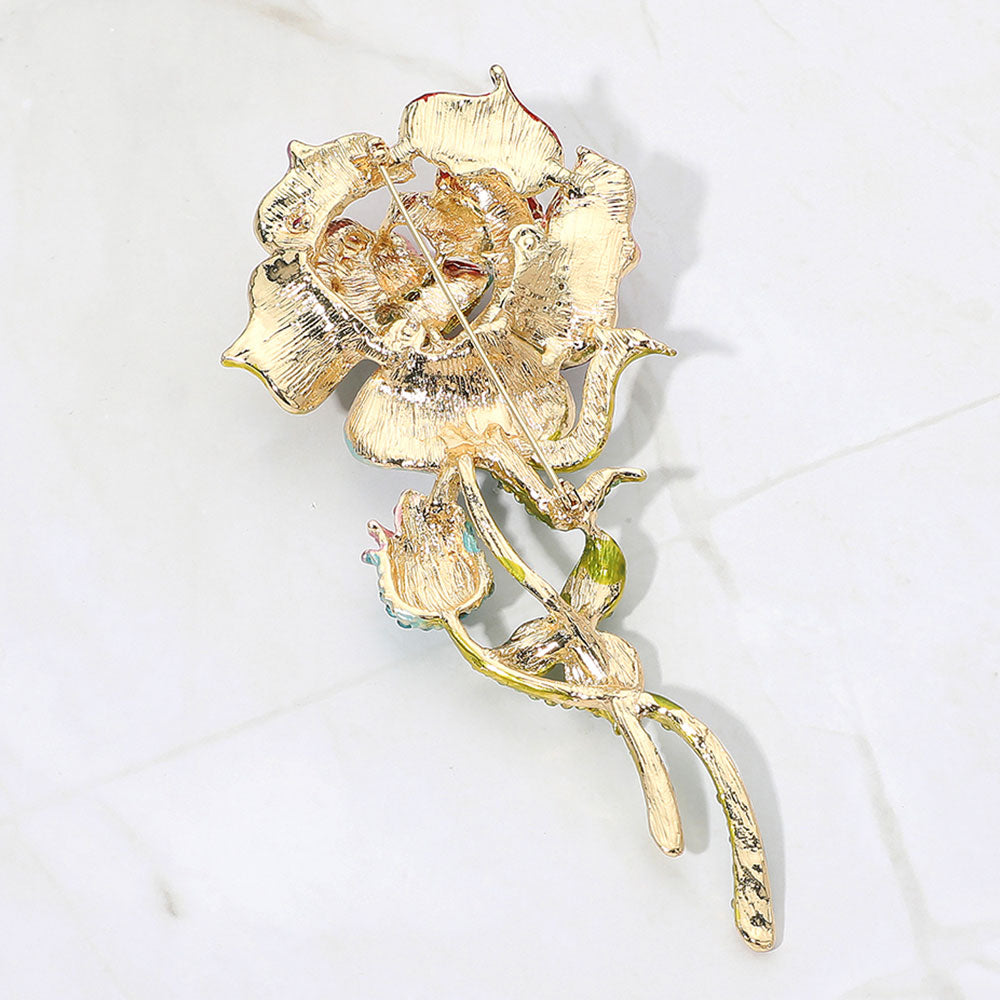 Long-Stem Rose Crystal Brooch — Clear, Gold color option