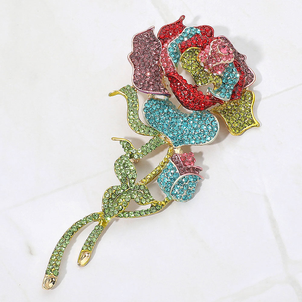Long-Stem Rose Crystal Brooch — Gold, Multi color option