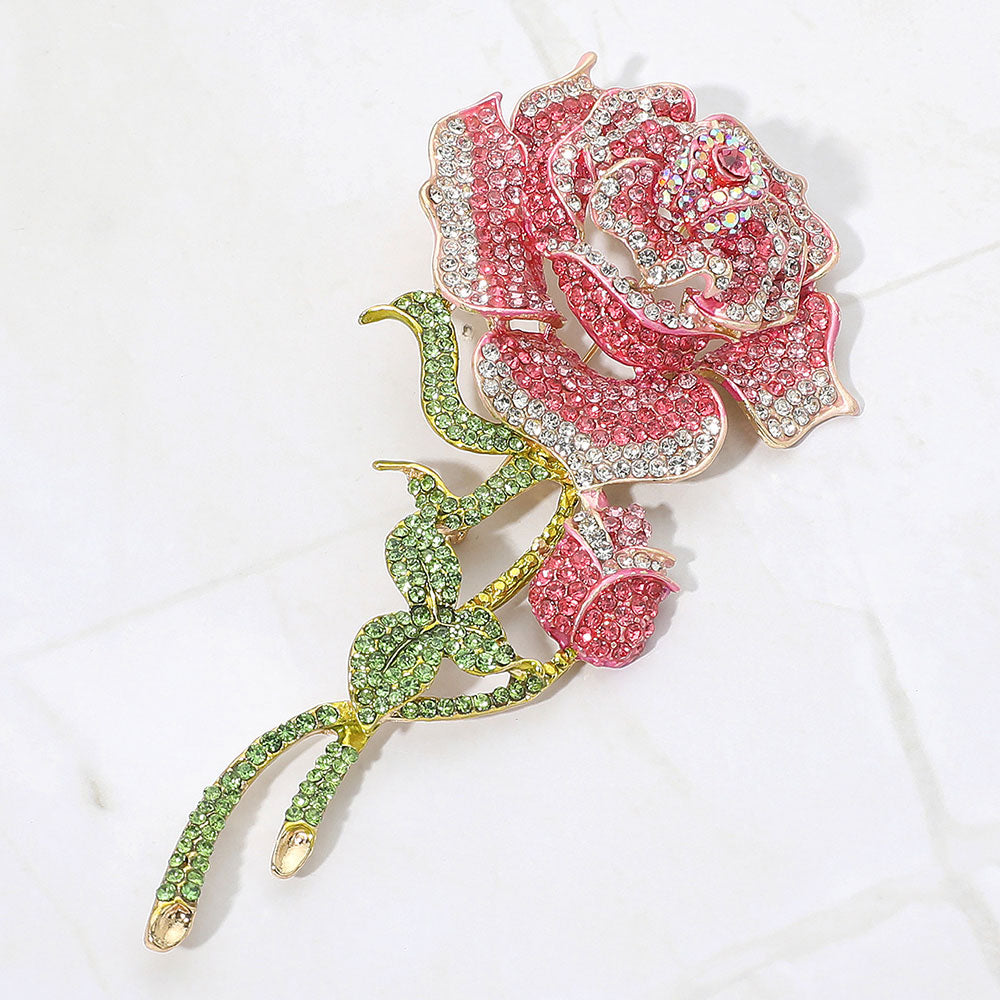 Long-Stem Rose Crystal Brooch — Gold, Pink color option