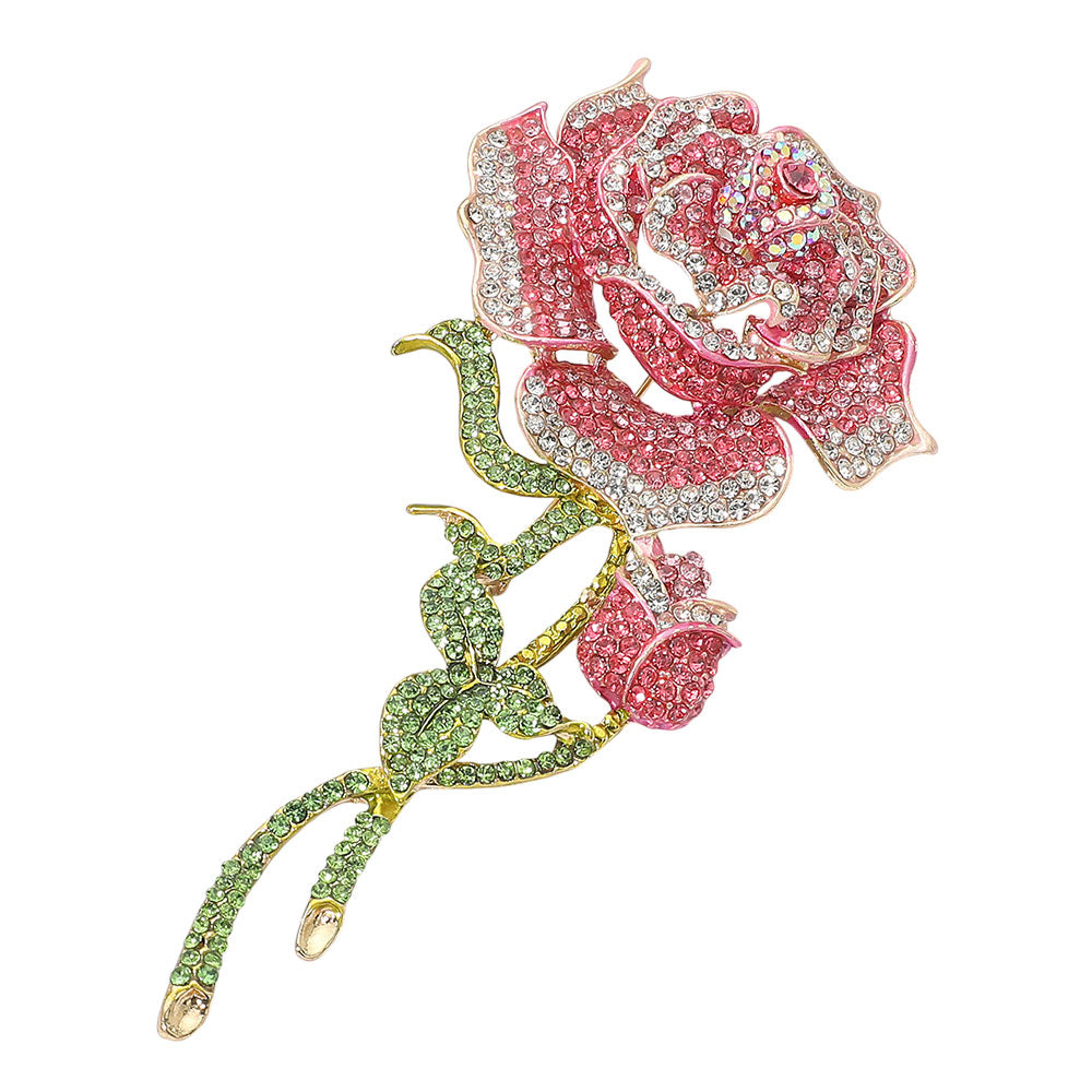 Long-Stem Rose Crystal Brooch — Gold, Pink color option