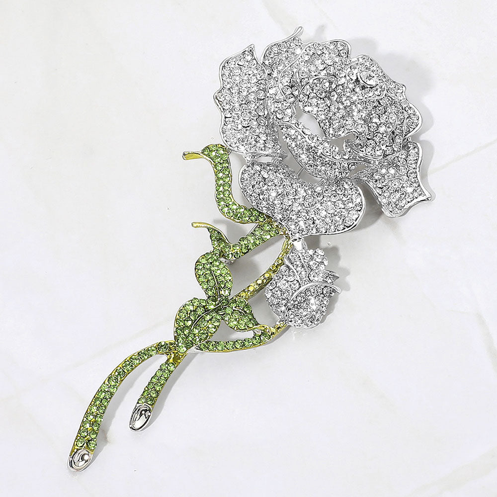 Long-Stem Rose Crystal Brooch — Clear, Silver color option