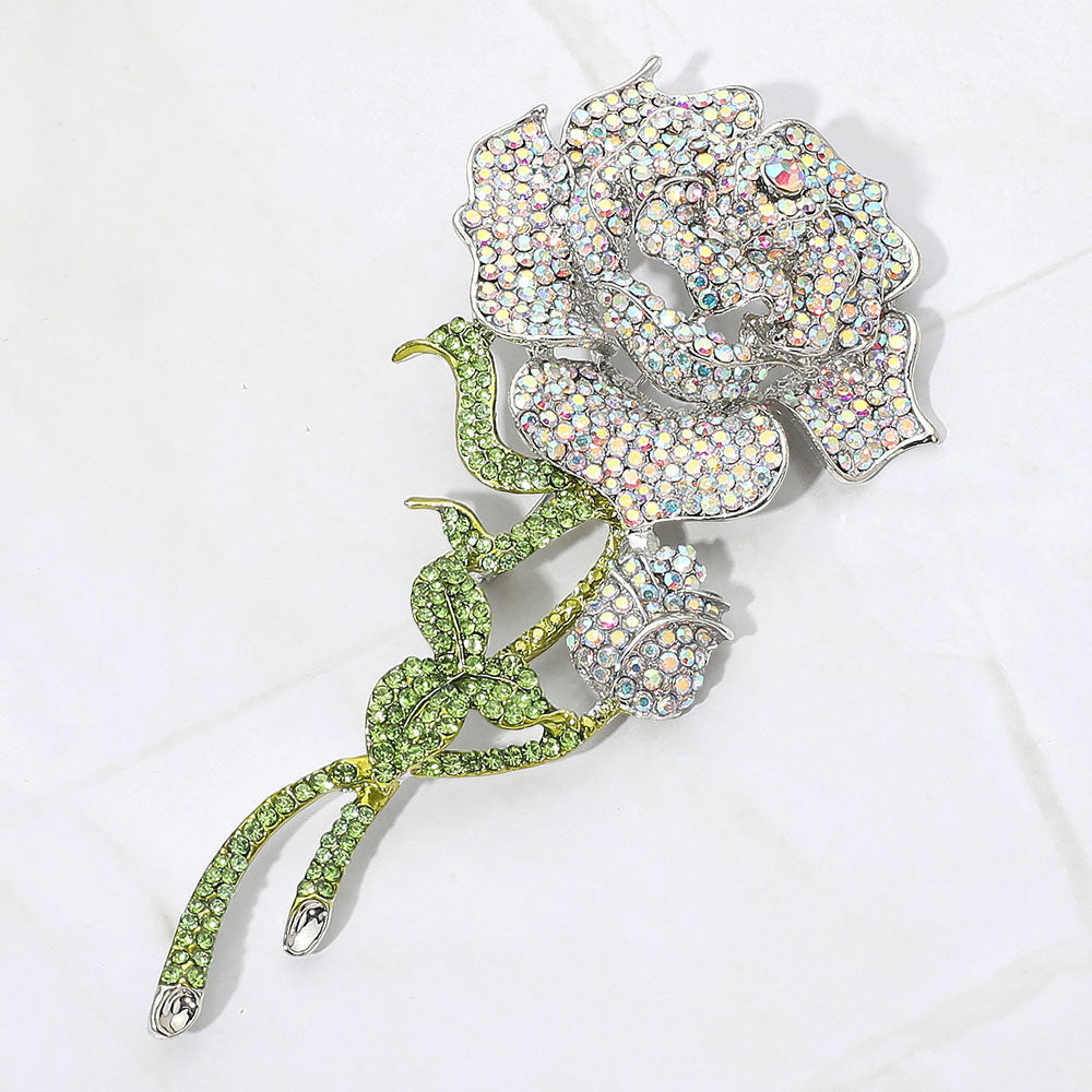 Long-Stem Rose Crystal Brooch — AB, Silver color option