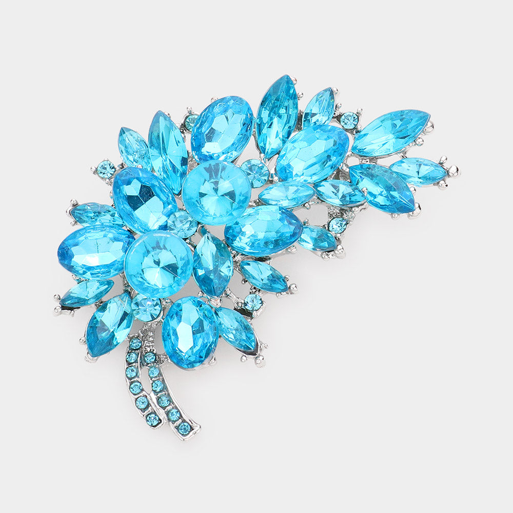 Long Glass Crystal Leaf Brooch