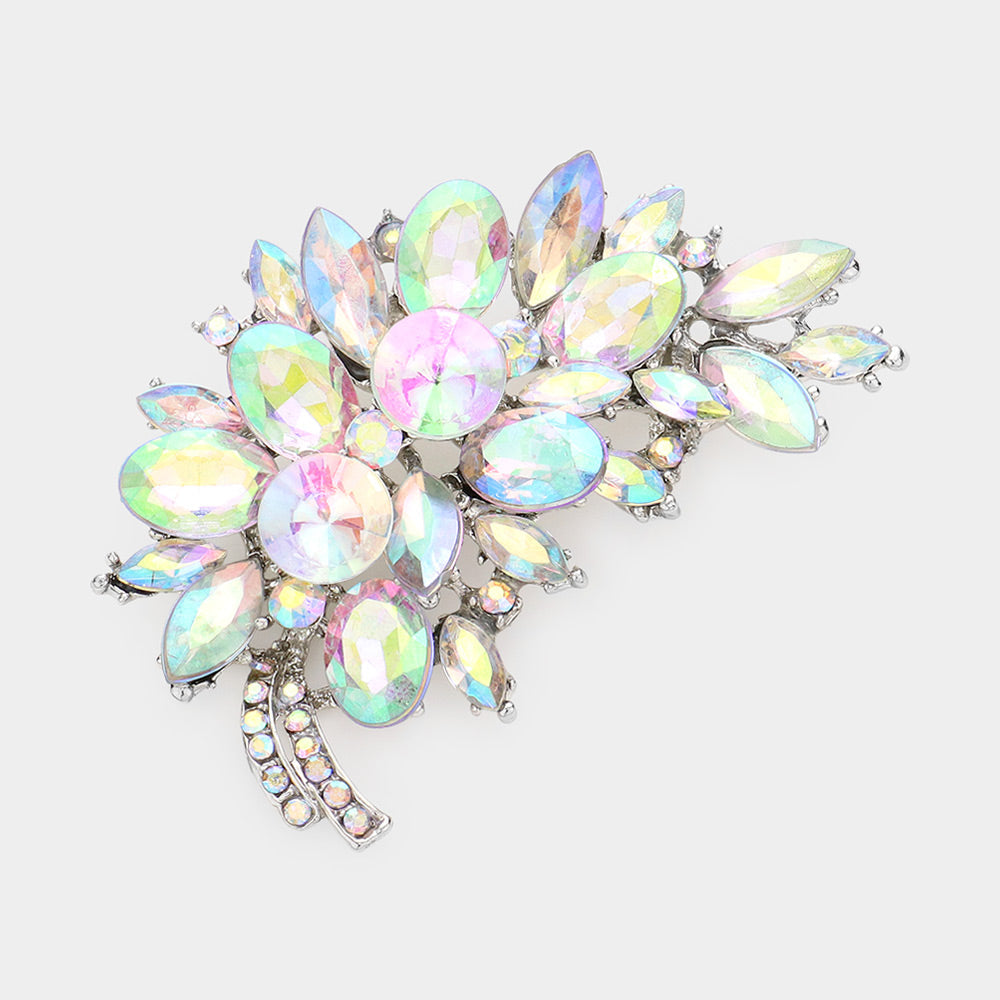 Long Glass Crystal Leaf Brooch