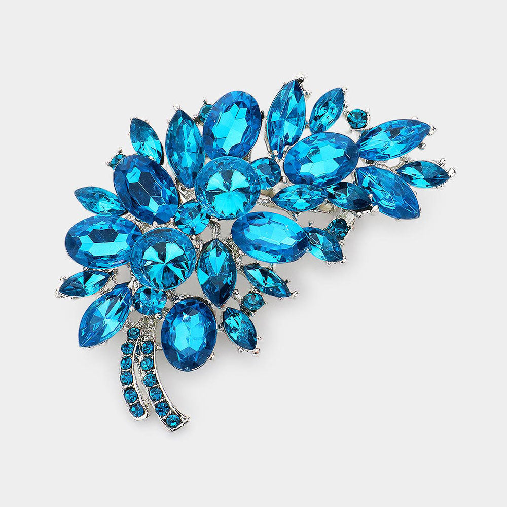 Long Glass Crystal Leaf Brooch