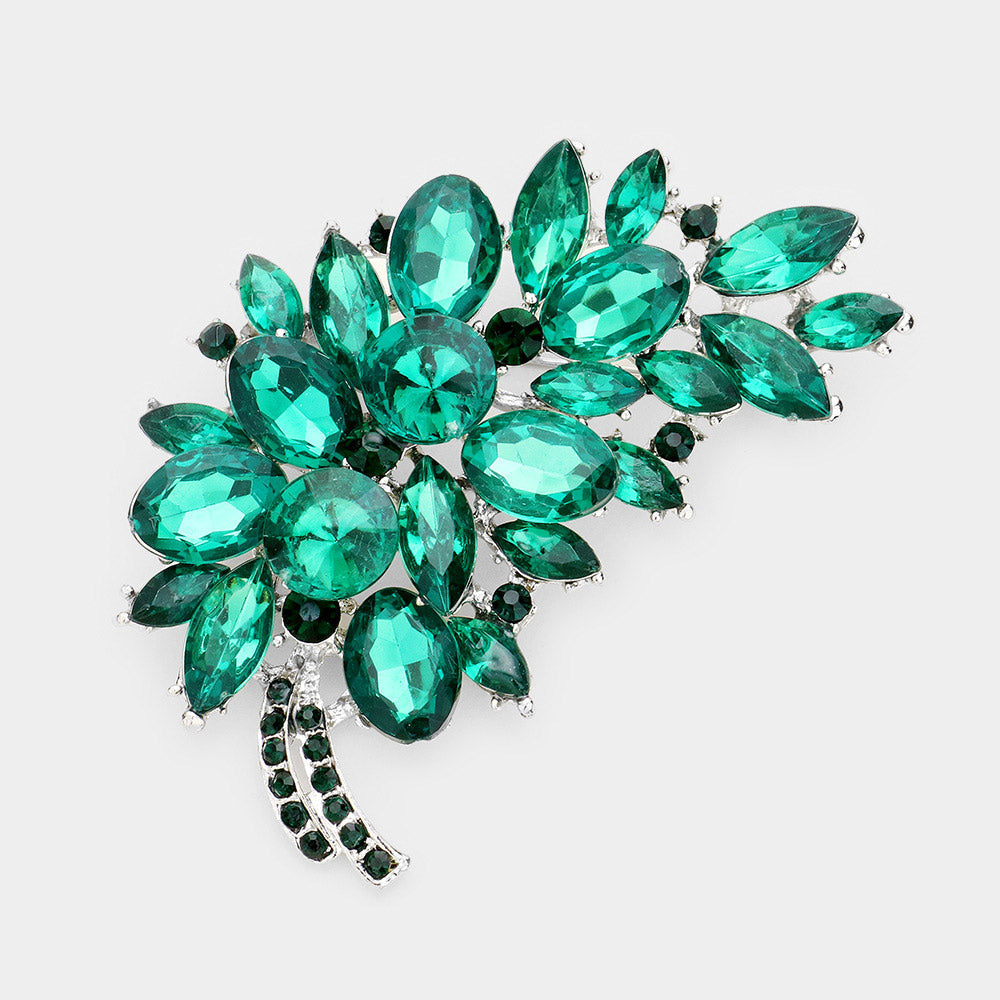 Long Glass Crystal Leaf Brooch