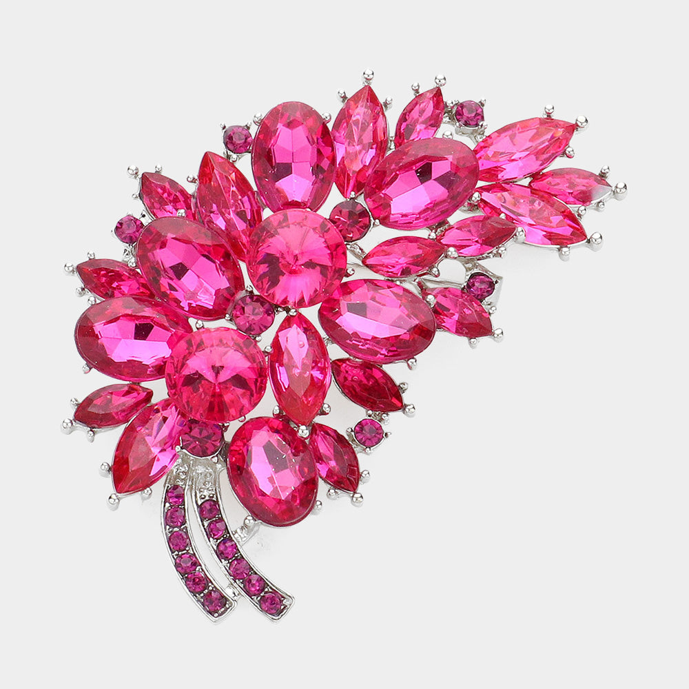 Long Glass Crystal Leaf Brooch