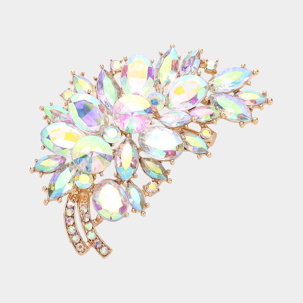 Long Glass Crystal Leaf Brooch
