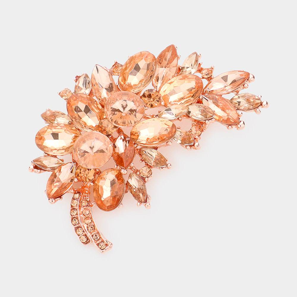 Long Glass Crystal Leaf Brooch