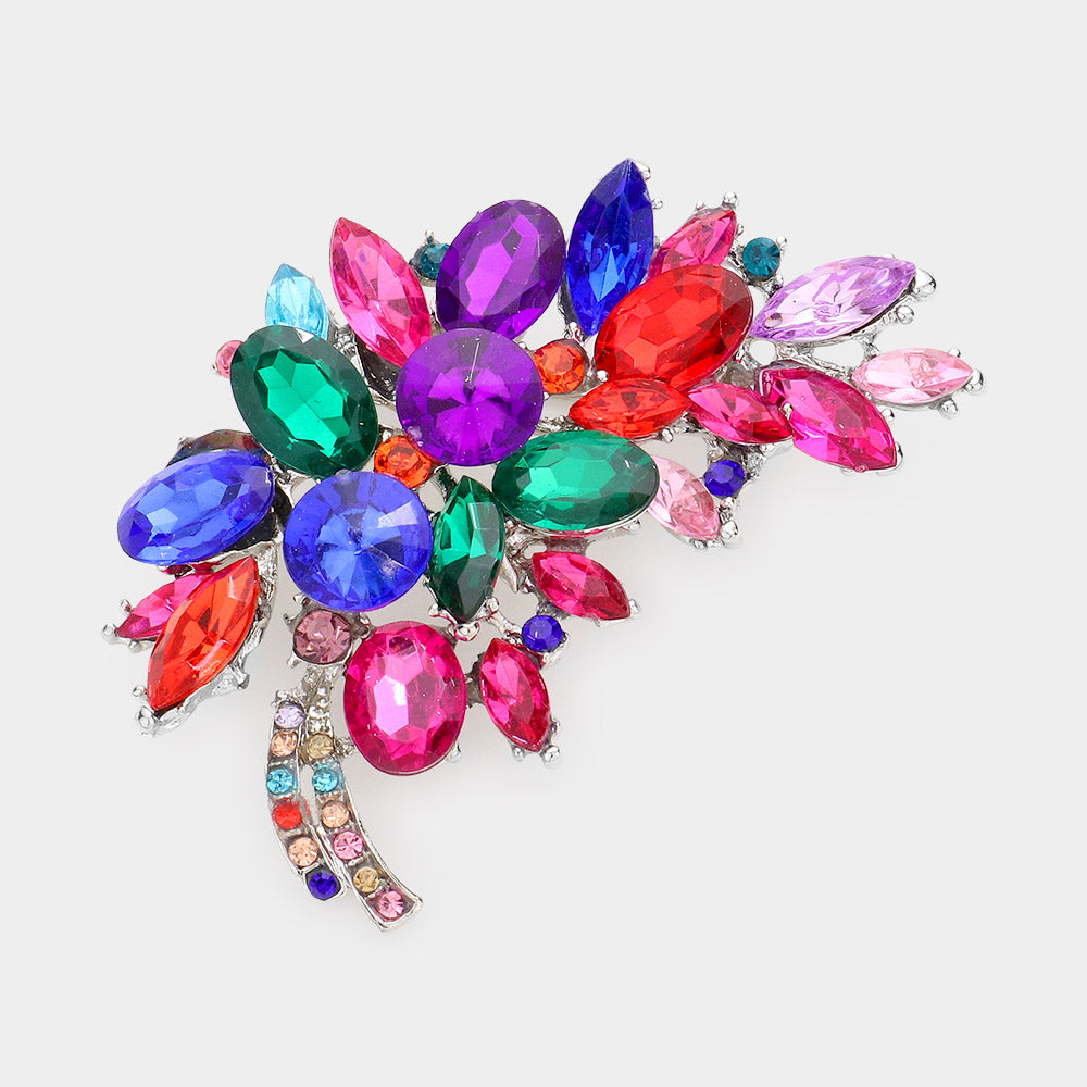 Long Glass Crystal Leaf Brooch
