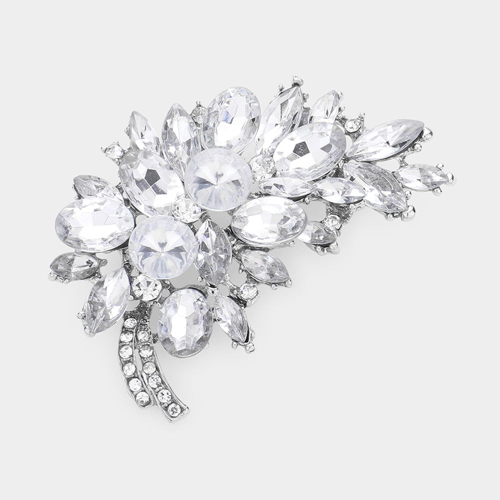 Long Glass Crystal Leaf Brooch