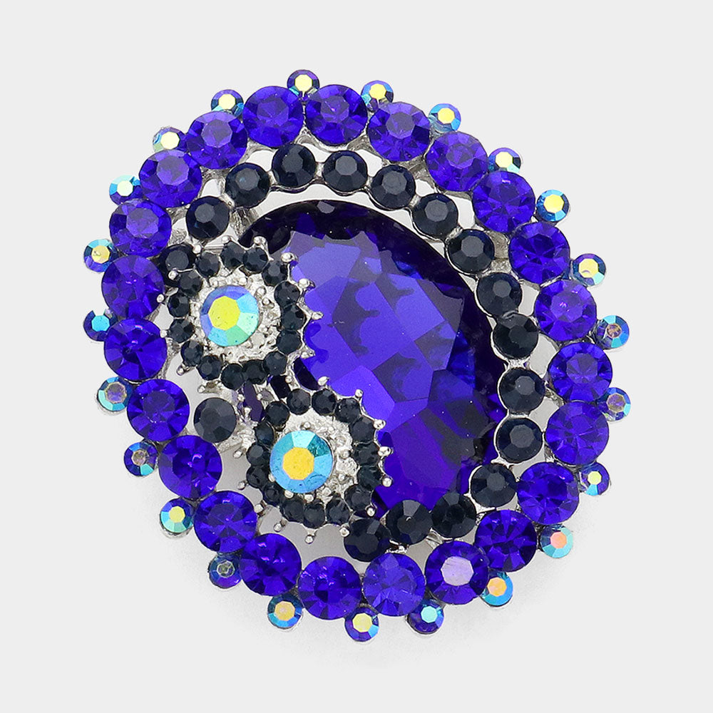 Oval Crystal Double-Flower Brooch