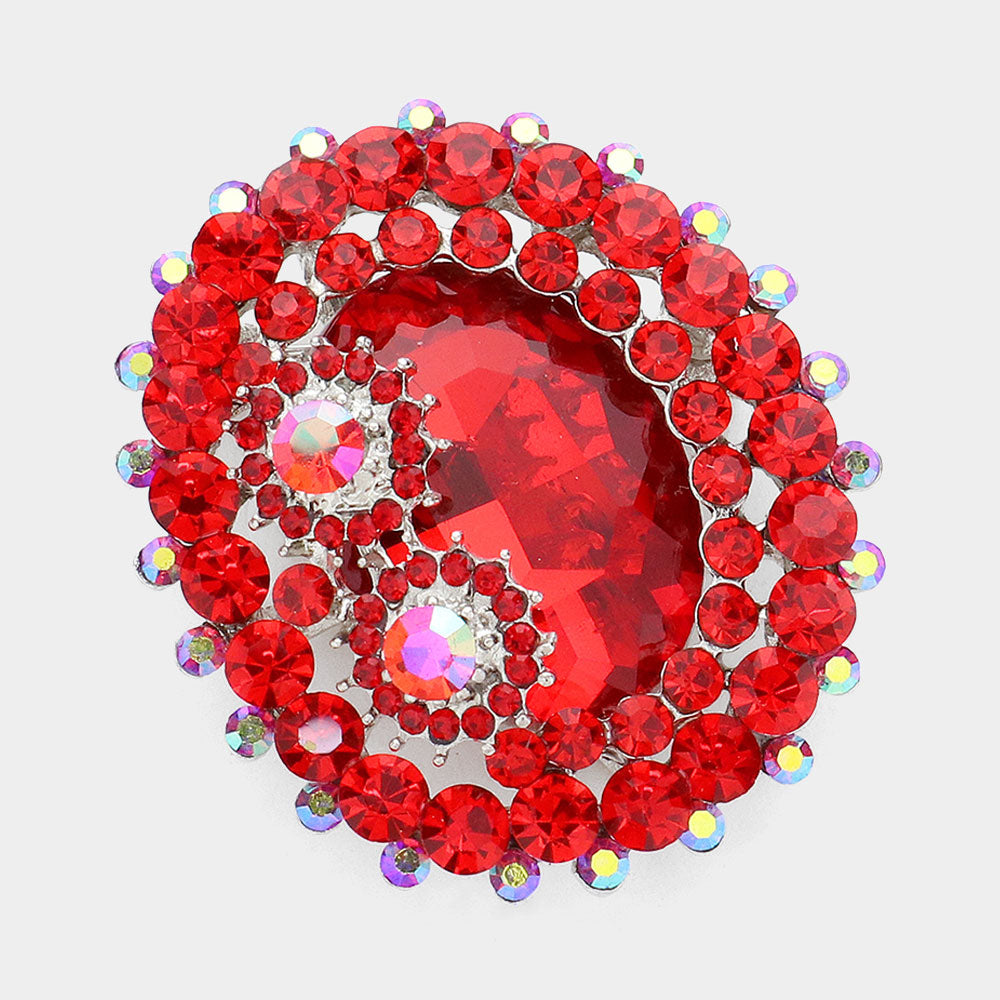 Oval Crystal Double-Flower Brooch