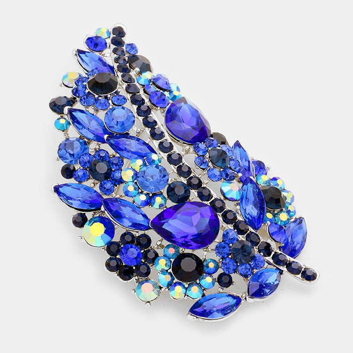 Long Glass Crystal Leaf Brooch