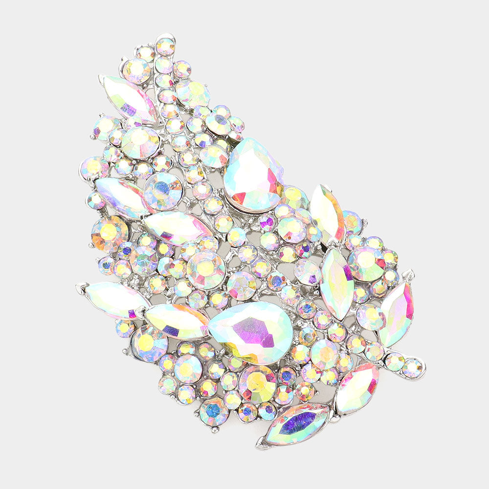 Long Glass Crystal Leaf Brooch
