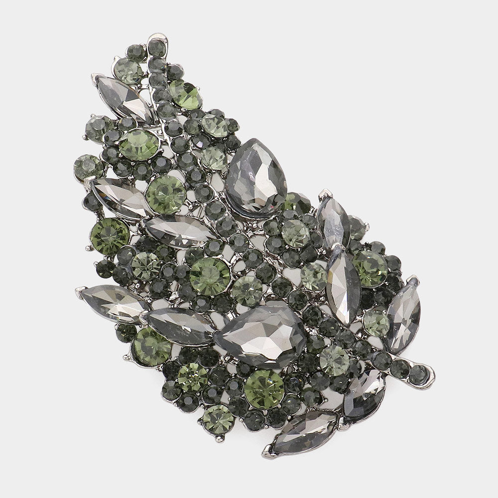 Long Glass Crystal Leaf Brooch