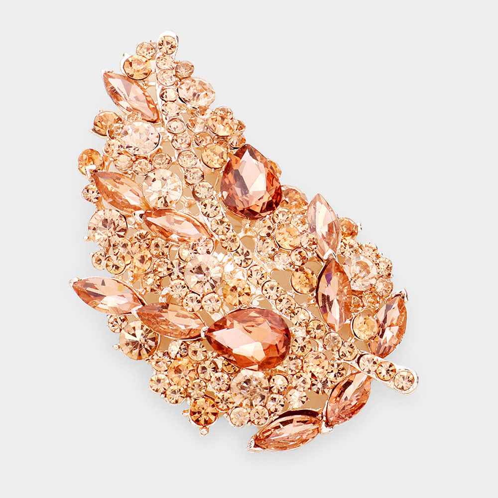 Long Glass Crystal Leaf Brooch