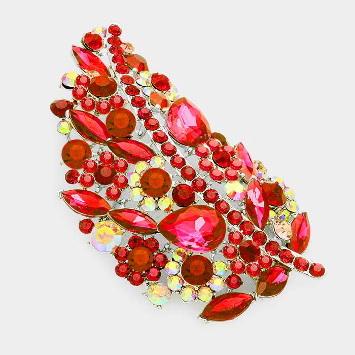 Long Glass Crystal Leaf Brooch