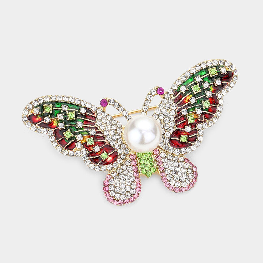 Pearl-Accent Pavé Butterfly Brooch