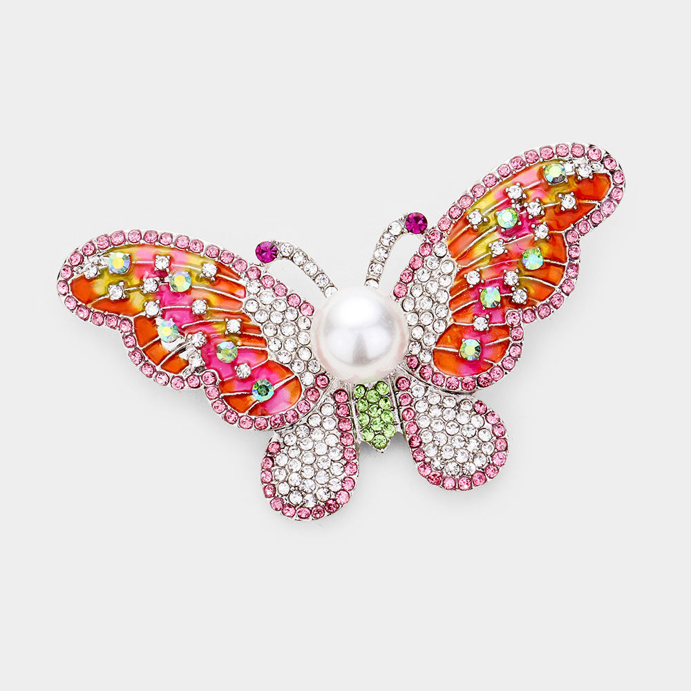 Pearl-Accent Pavé Butterfly Brooch