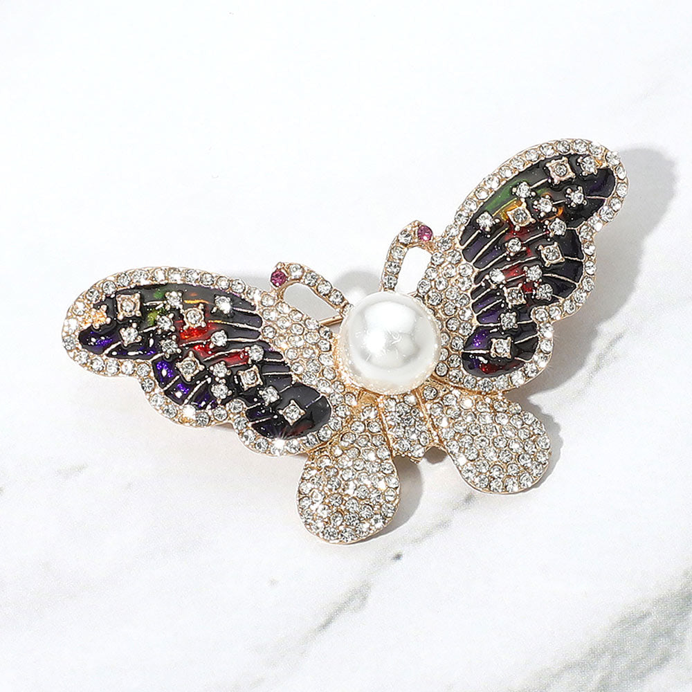 Pearl-Accent Pavé Butterfly Brooch