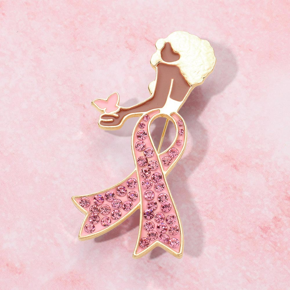 Pink Ribbon Enamel Afro Woman Brooch