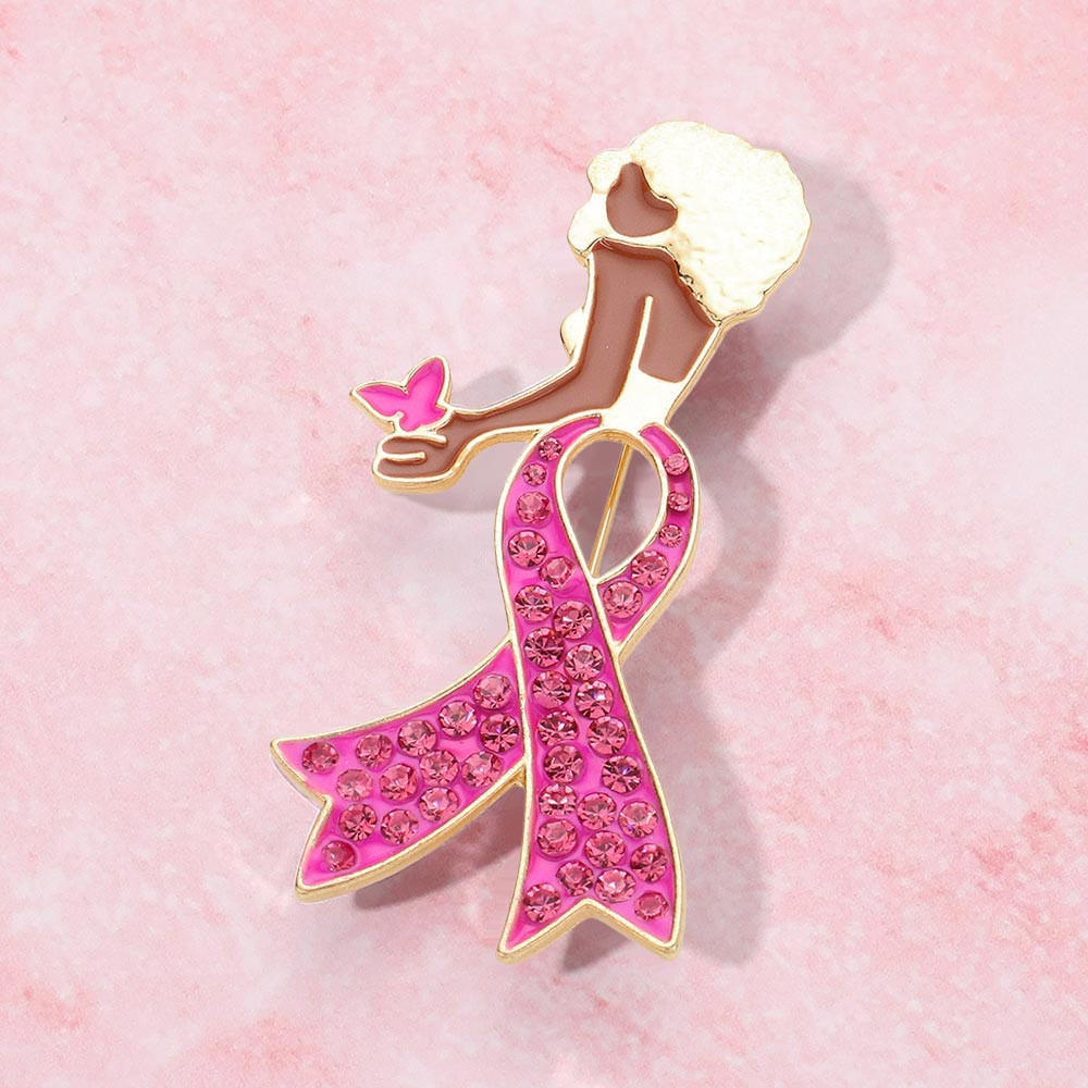 Pink Ribbon Enamel Afro Woman Brooch
