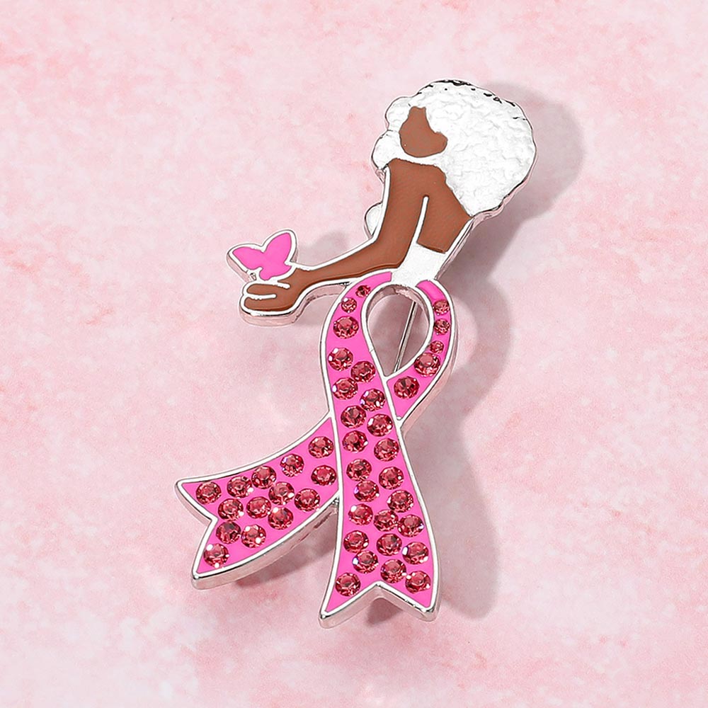 Pink Ribbon Enamel Afro Woman Brooch