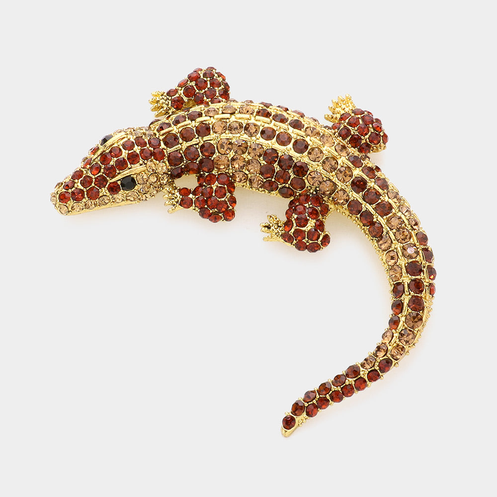 Crystal Crocodile Brooch — Brown color option