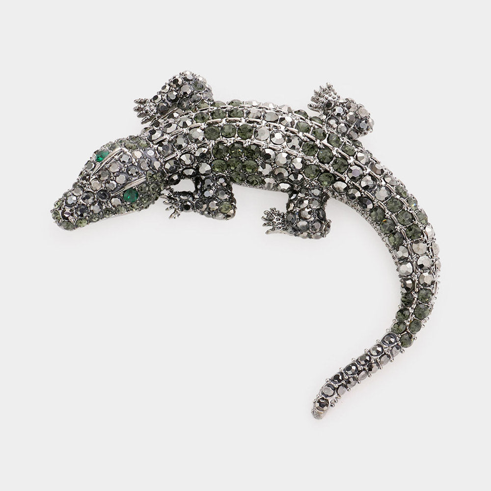 Crystal Crocodile Brooch — Black Diamond, Hematite color option