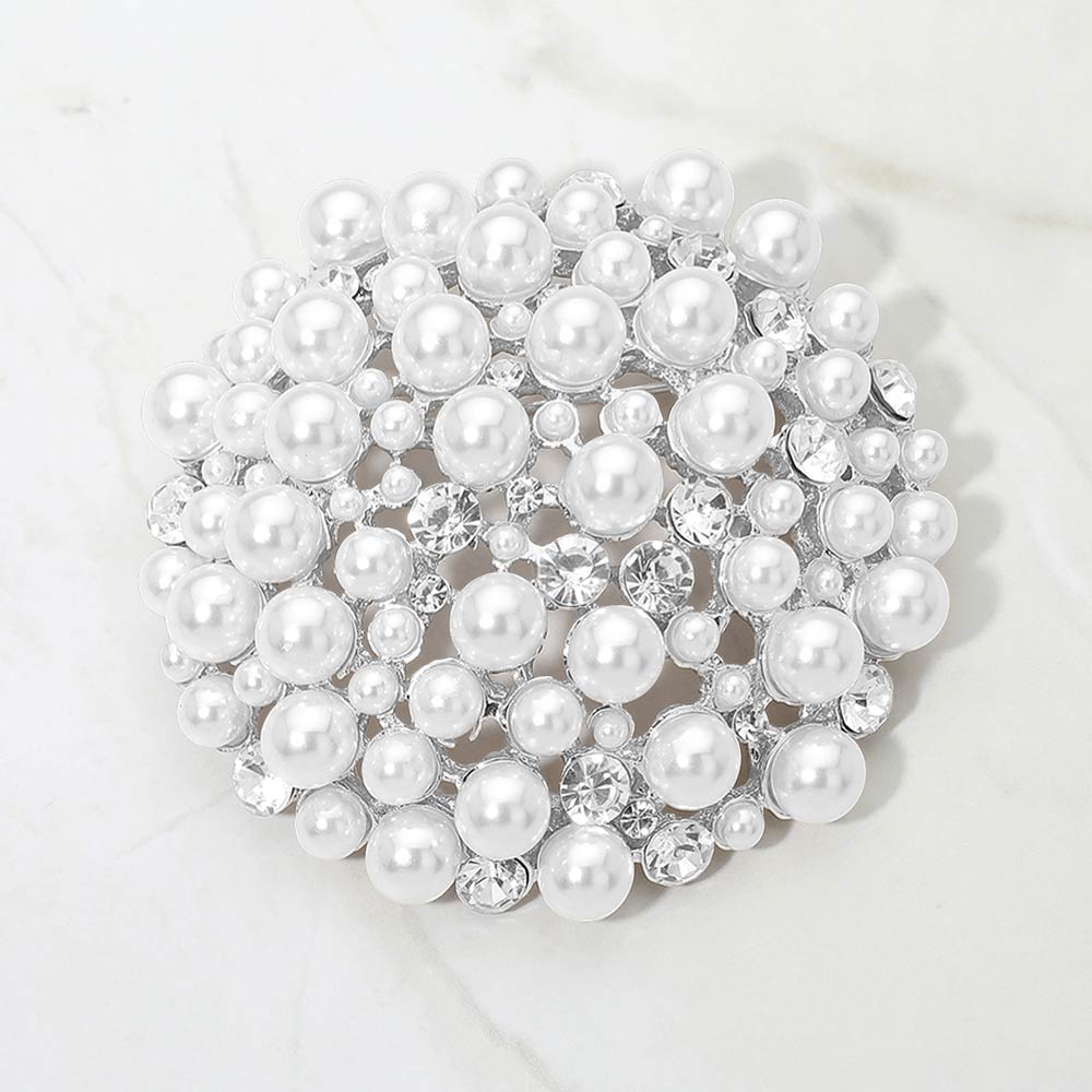Pearl Cluster Brooch — Rhodium, White color option