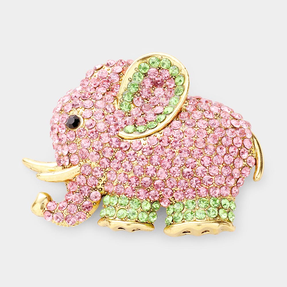 Crystal Elephant Brooch — Gold, Pink&Green color option