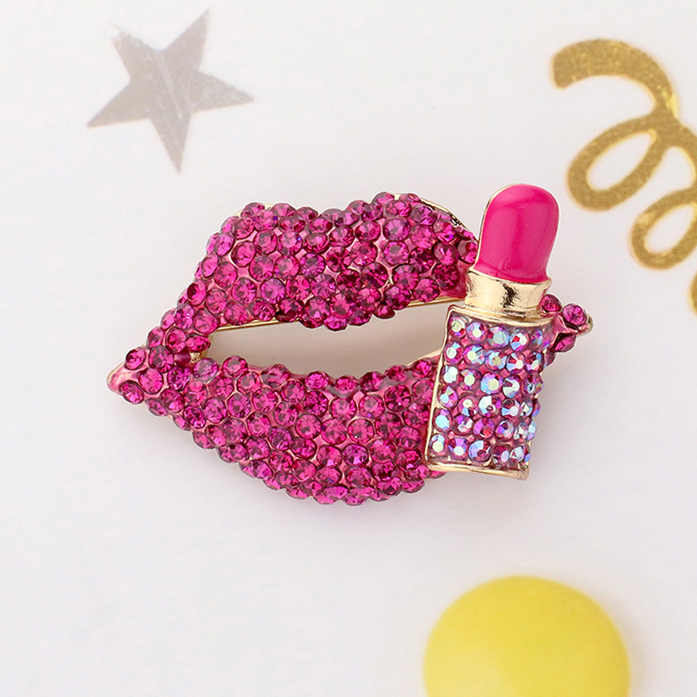 Lips & Lipstick Crystal Brooch