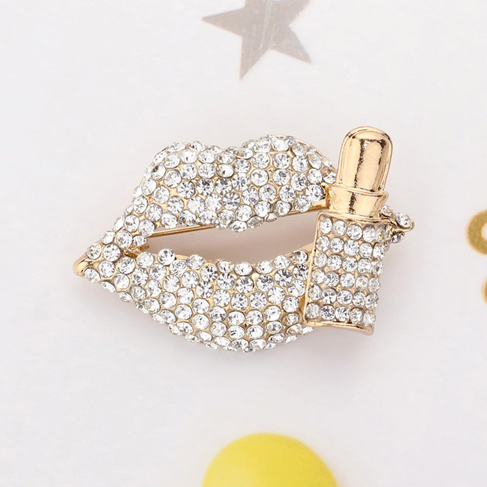 Lips & Lipstick Crystal Brooch