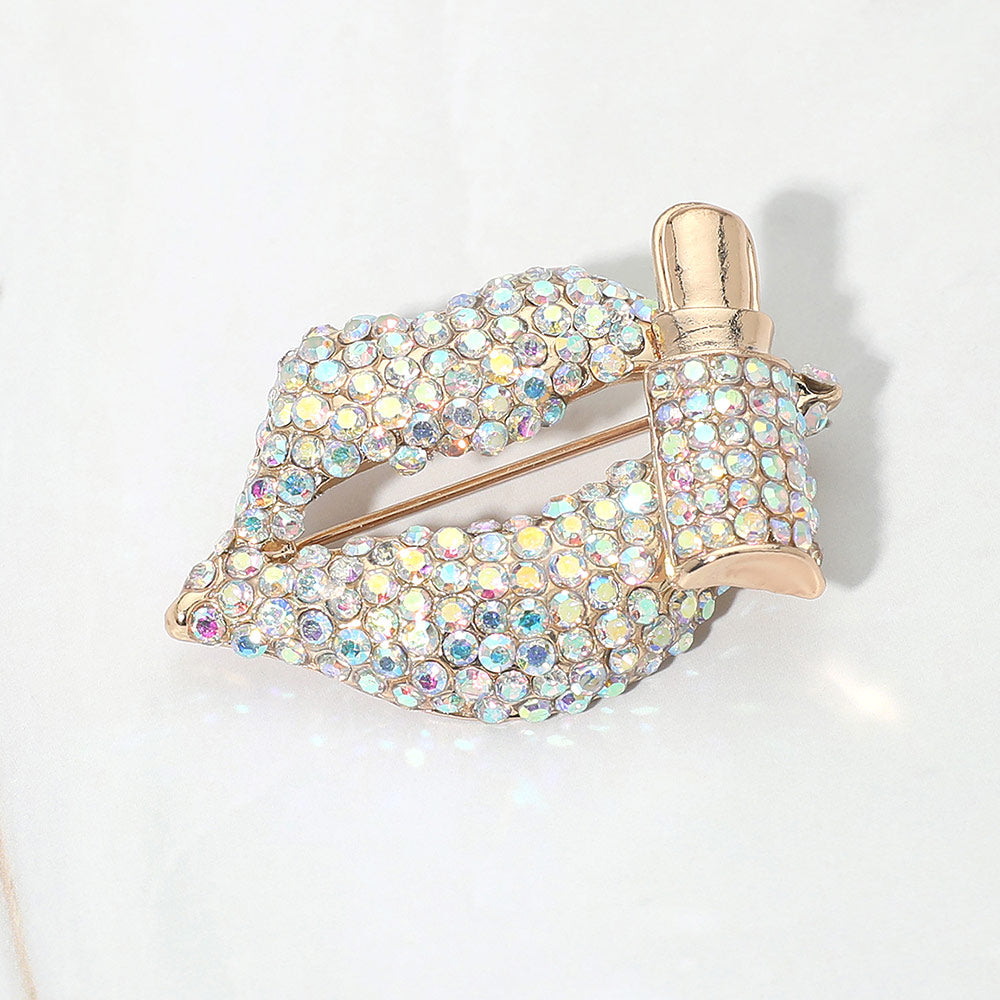 Lips & Lipstick Crystal Brooch
