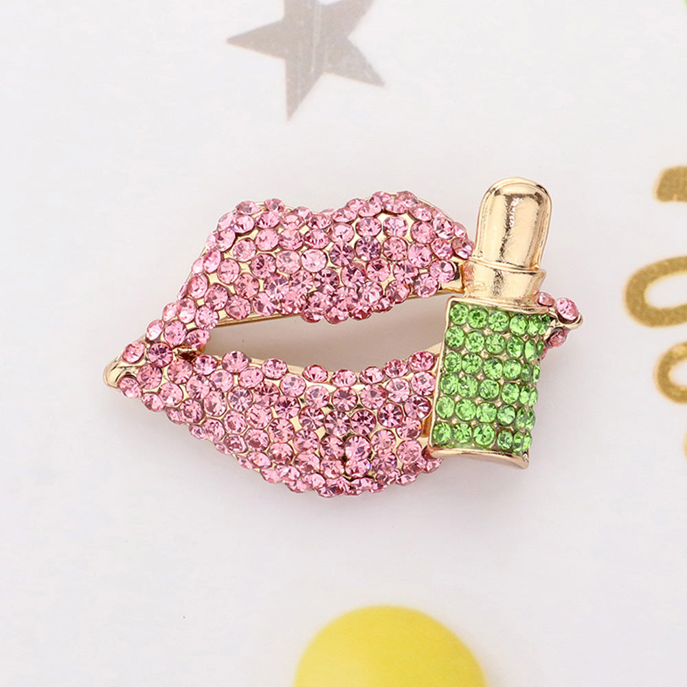 Lips & Lipstick Crystal Brooch