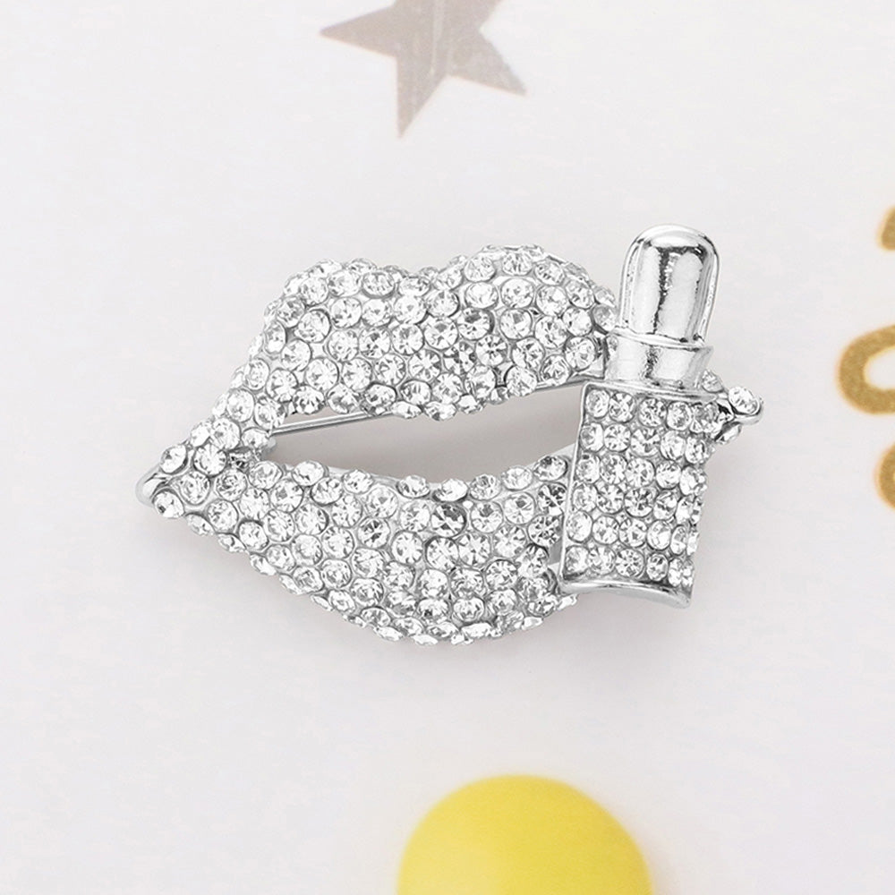 Lips & Lipstick Crystal Brooch