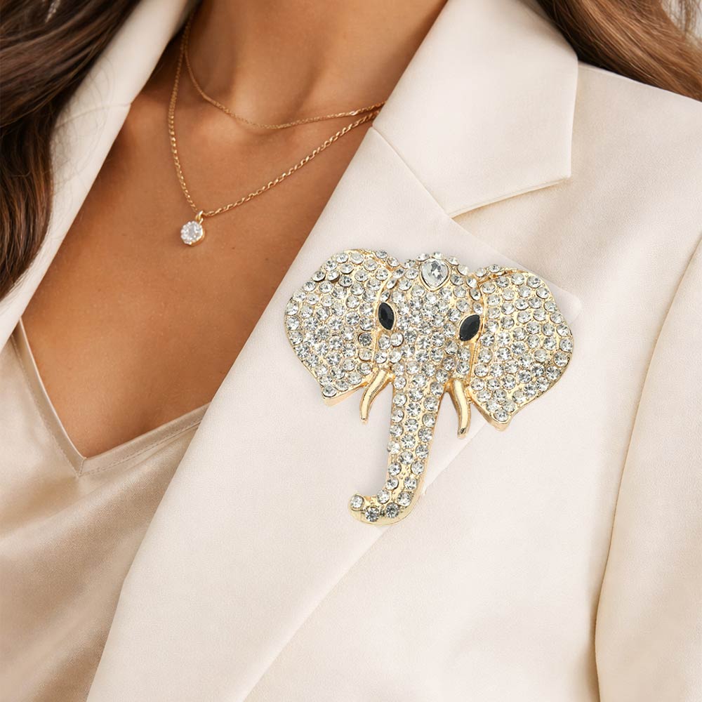 Crystal Elephant Brooch — Clear, Gold color option