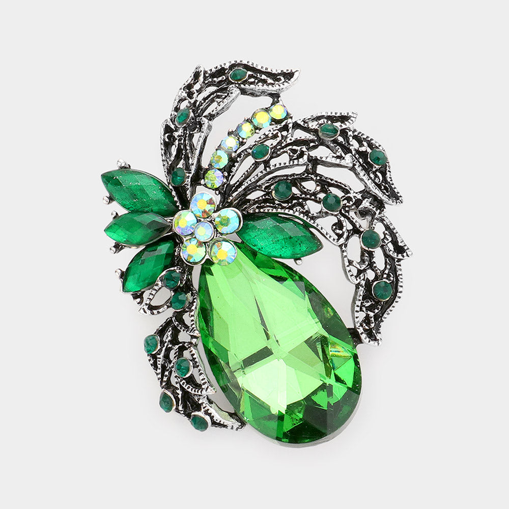 Teardrop Crystal Leaf Brooch