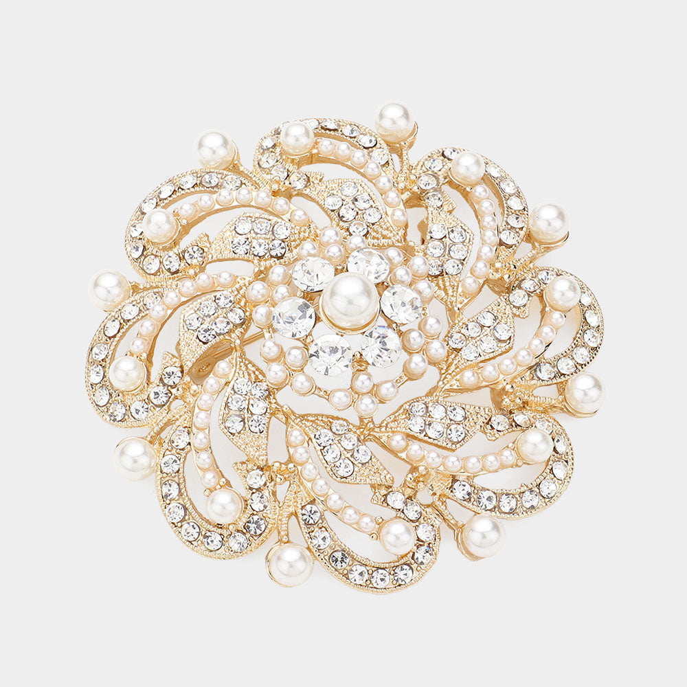 Pearl-Accent Pointed-Petal Flower Brooch