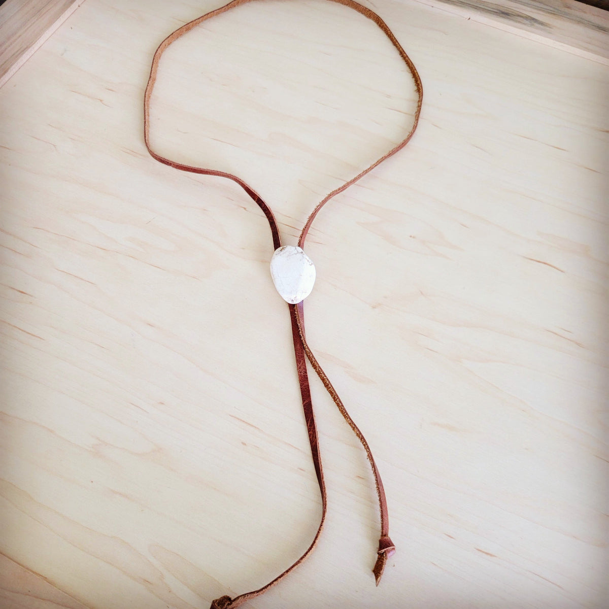 Leather Lariat Boho Necklace w/ White Turquoise Slab 264h